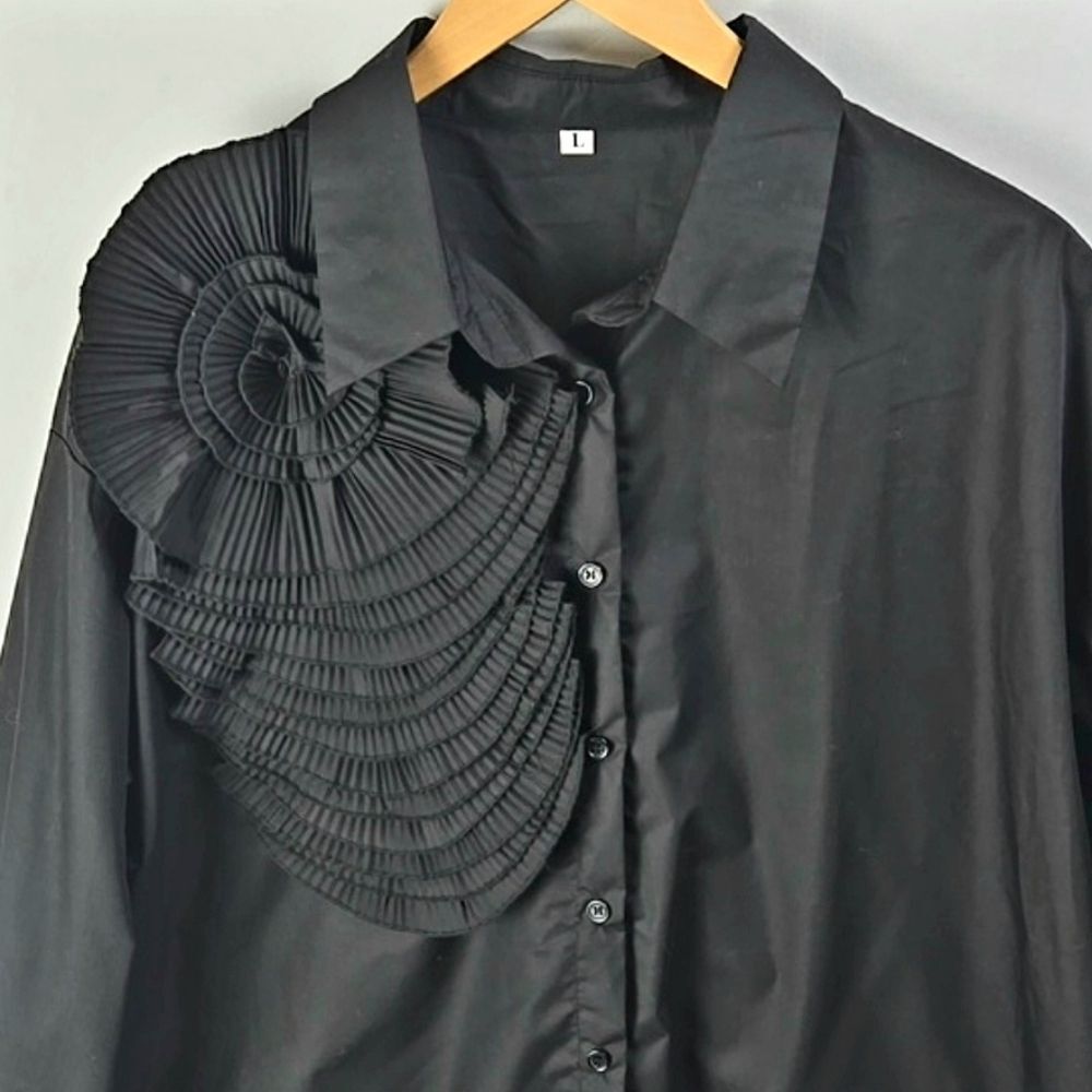 Womens Long Sleeve Art Deco Black Flower Oversize Button Dress Shirt Sz L - Picture 3 of 11